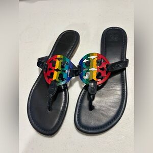 Tory Burch Miller Sandal Women,Sz 9US-Navy Rainbow Striped Logo Ltd Edition Flat